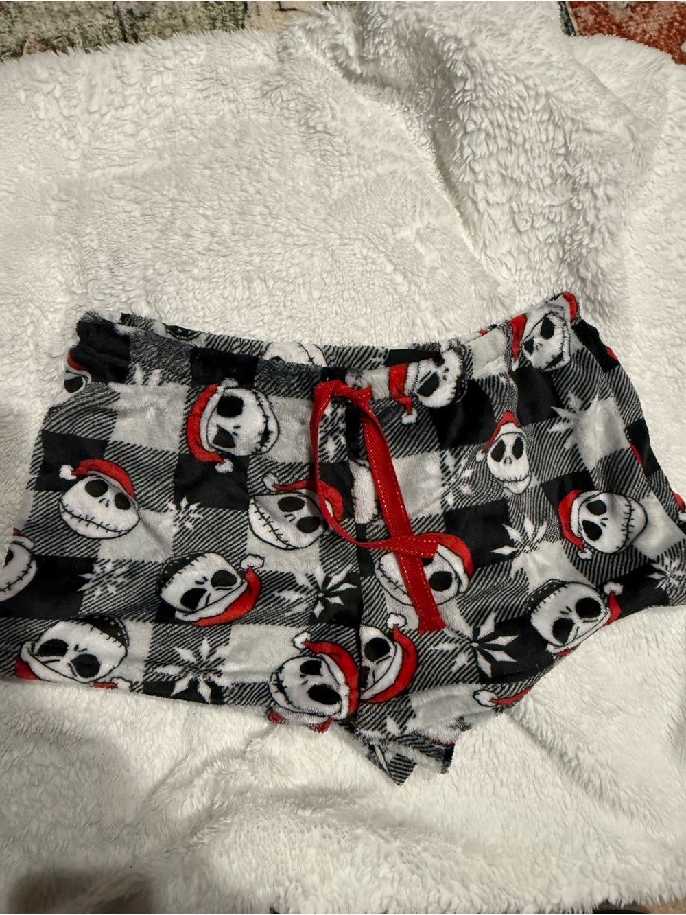 Disney Black & White Plaid Fleece Shorts with Red Drawstring